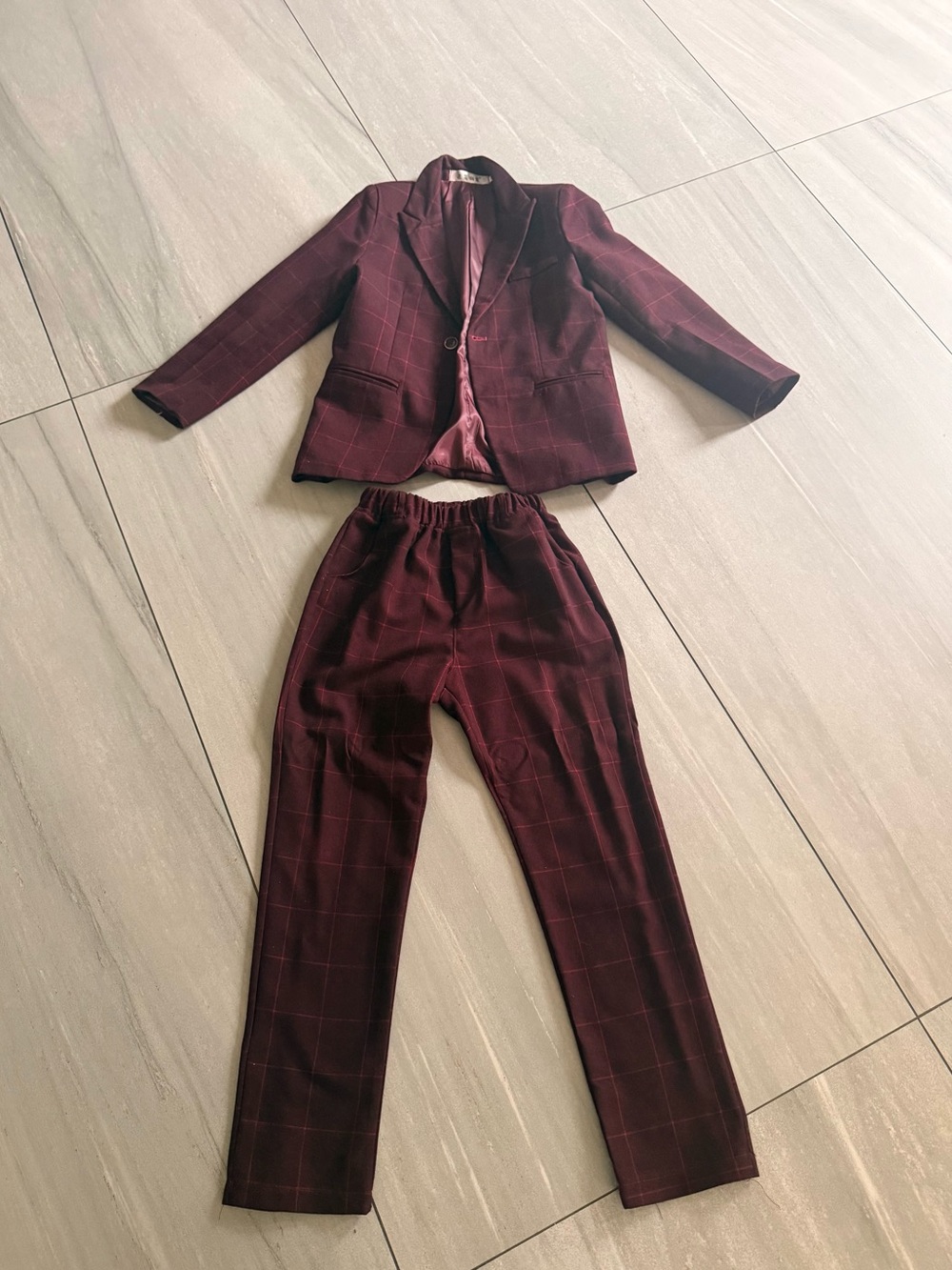 Boy’s Burgundy Windowpane Pantsuit - Tailored Blazer & Elastic-Waist Pants
